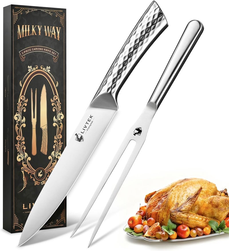 Livtek Carving Knife and Fork Set 8" Slicing Knife and 7" Fork - German High Carbon Stainless Steel - Brisket Slicer, Turkey Carving, BBQ Tools - Thanksgiving Dinner Gift Set - Image 1